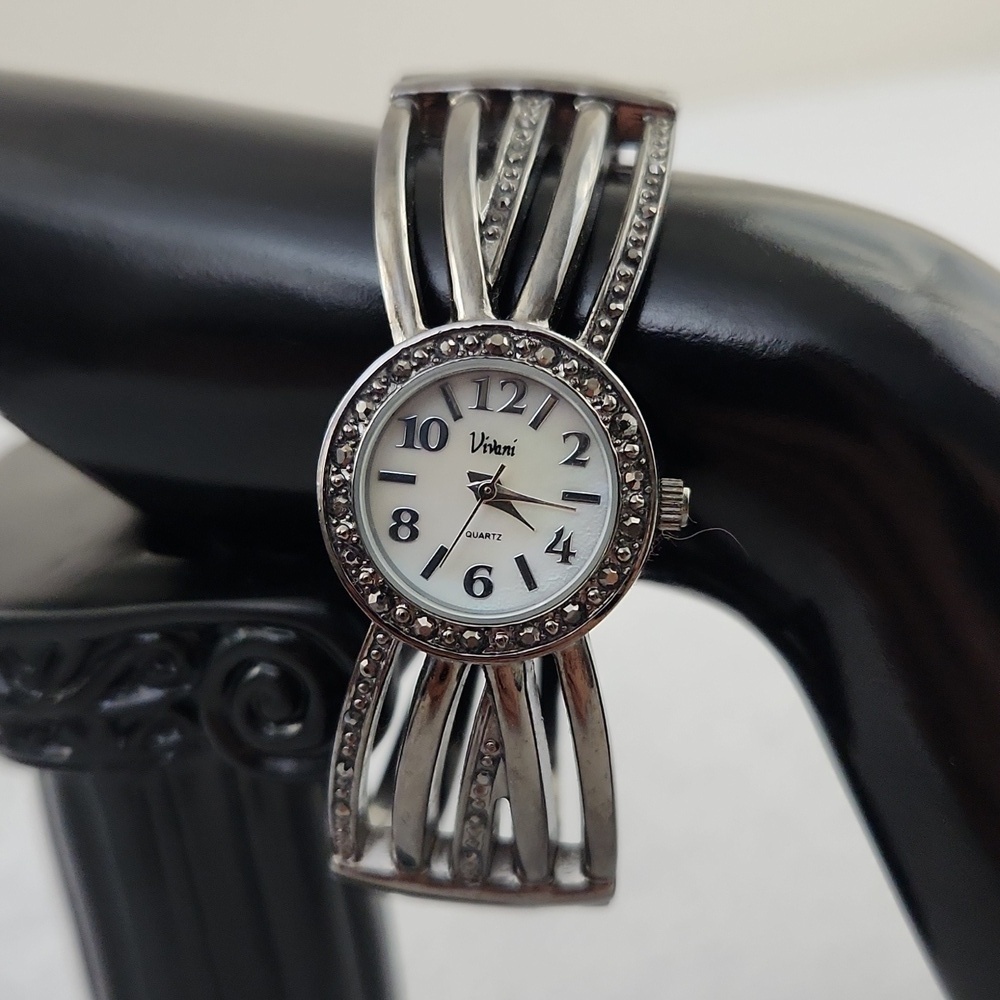 Vivani Silver Tone Rhinestone Cuff Bracelet Watch Working Quartz Dress Watch